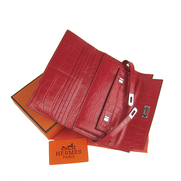 High Quality Hermes Kelly Crocodile Veins Long Clutch Bag Red H009 Replica - Click Image to Close